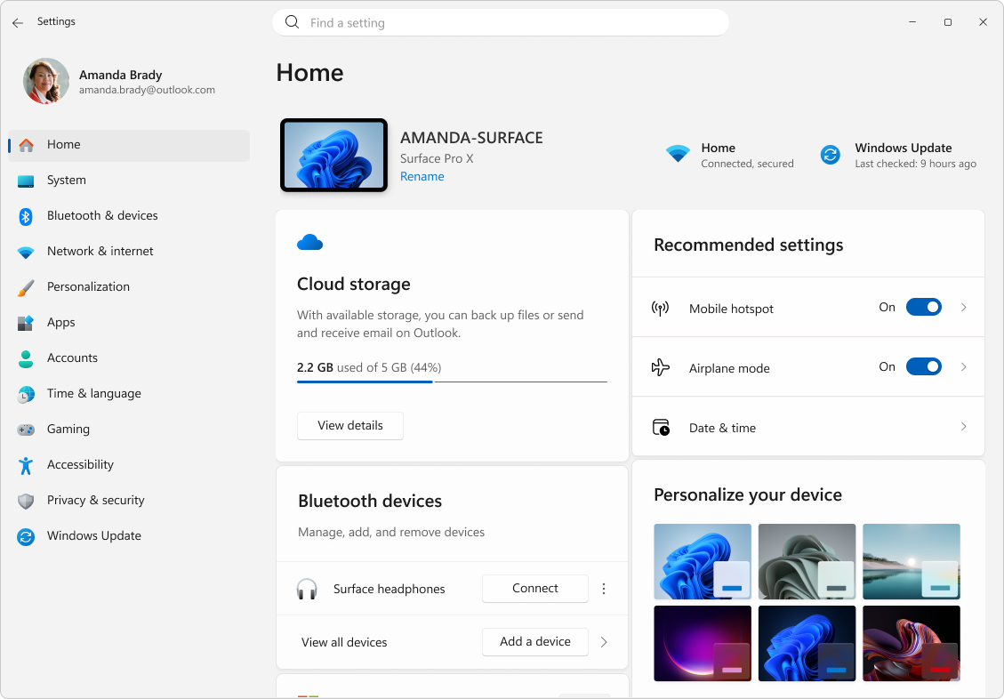 Windows 11 Settings home with Windows Update in the navigation